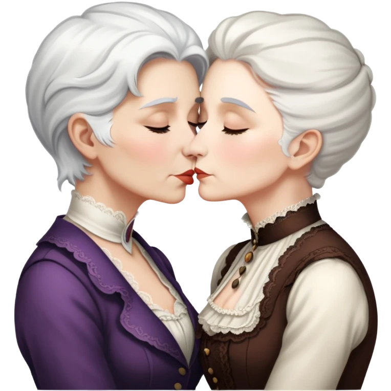lesbian kiss between an older victorian woman with white hair and a younger brunette woman emoji