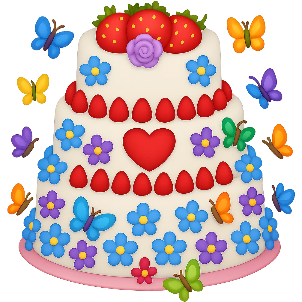 Add small colorful butterflies to the white wedding cake with strawberries, blue and purple flowers, heart topper. Style: emoji style. Remove background. emoji
