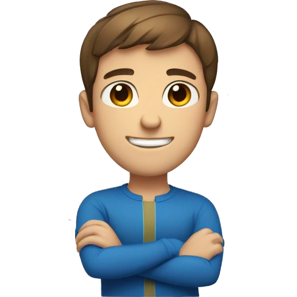 guy with short brown hair and blue eyes with arms crossed smilin emoji