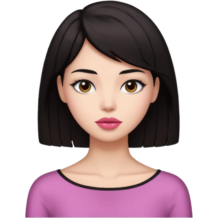 my hair is dark brown almost black, reaching my shoulder. the haircut is wolfcut, pretty lasher hut not thick. slightly pink lips. emoji