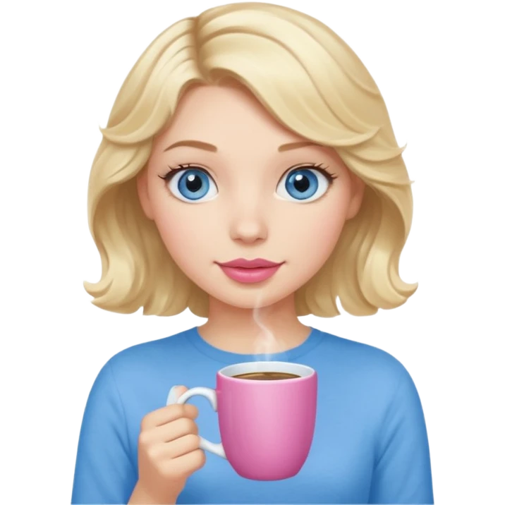 Girl Blonde short wavy hair,  blue eyes, cute blue top, long lashes, pink lips, holding coffee mug emoji