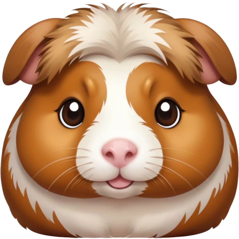 Cinematic Cute Brown and White Banded Guinea Pig Portrait Emoji, Head tilted playfully and inquisitively, showcasing a fluffy coat with playful brown and white banded patterns, round, sparkling dark eyes filled with curiosity, Simplified yet irresistibly adorable features, highly detailed, glowing with a warm, friendly glow, high shine, affectionate and spirited, stylized with a touch of whimsy, bright and endearing, soft glowing outline, capturing the essence of a mischievous yet loving guinea pig, so playful it feels like it could dash out of the screen and into your arms! emoji