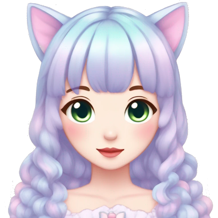 Gorgeous pastel anime style lady with blushing face and cat ears cottagecore fairycore pastelcore colorful pearly romantic simplistic aesthetic trending style emoji