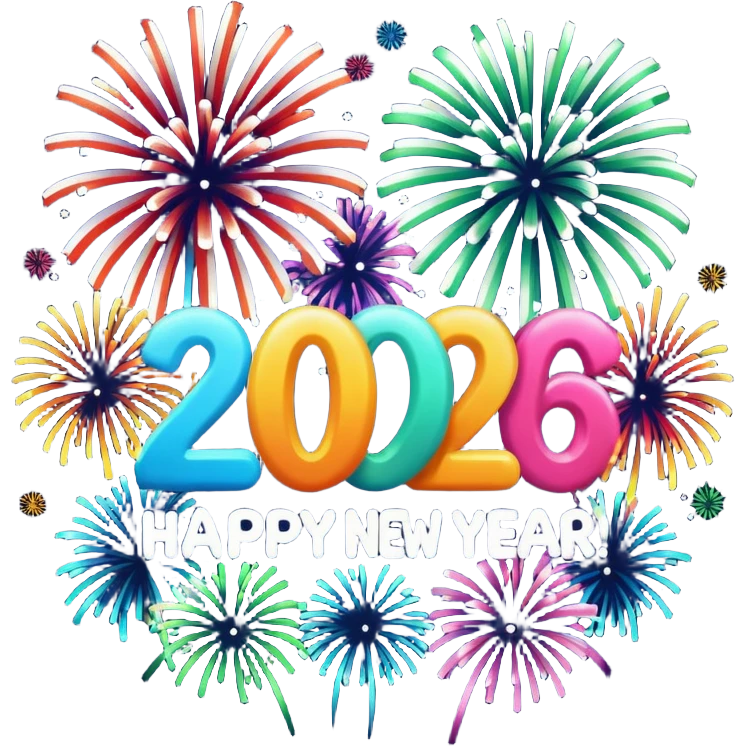 "Happy New Year 2026" in backdrop of colourful fireworks in outline  emoji