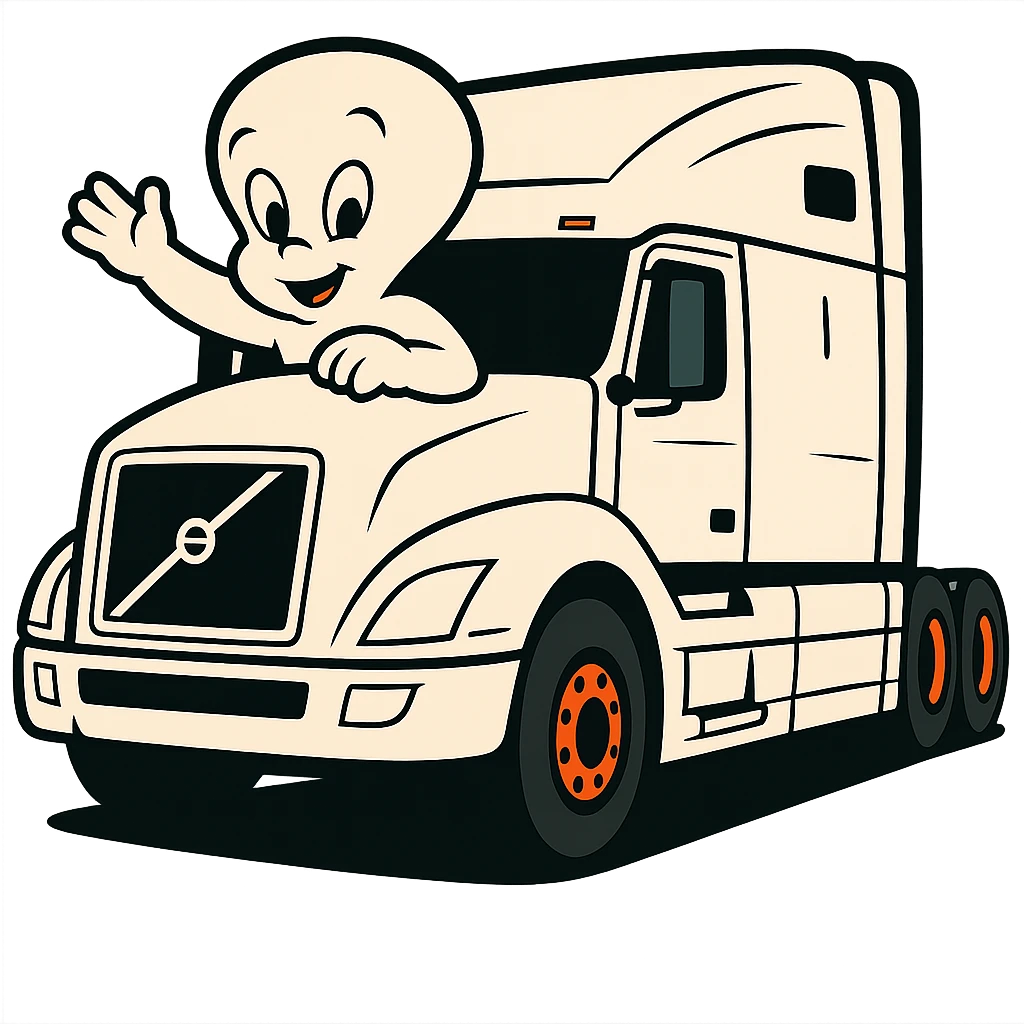 Remove the background, keep Casper the ghost driving the white semi truck in vibrant toon style, with transparent background. emoji
