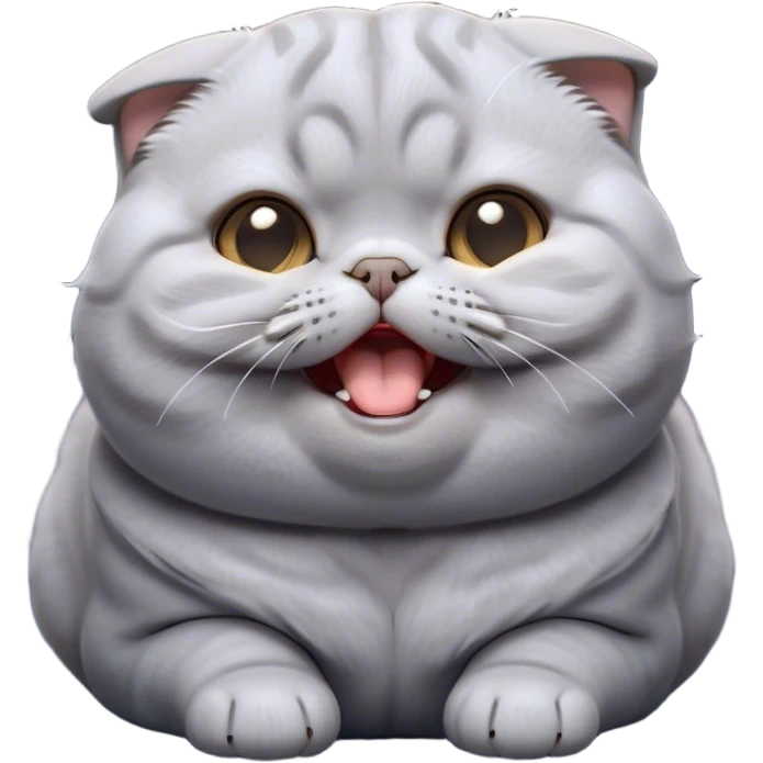 Cinematic Cute Chubby Grey Scottish Fold Cat Portrait Emoji, Adorable folded ears framing its round face, head tilted playfully and yawning, round and plump body with sleek soft grey fur and subtle blue undertones, Simplified yet adorable features, highly detailed, glowing with a warm, friendly glow, high shine, curious yet calm, stylized with a touch of whimsy, bright and endearing, soft glowing outline, capturing the essence of a mischievous yet loving and lazy kitty with those signature folded ears, so cute it feels like it could stretch out of the screen and cuddle! emoji