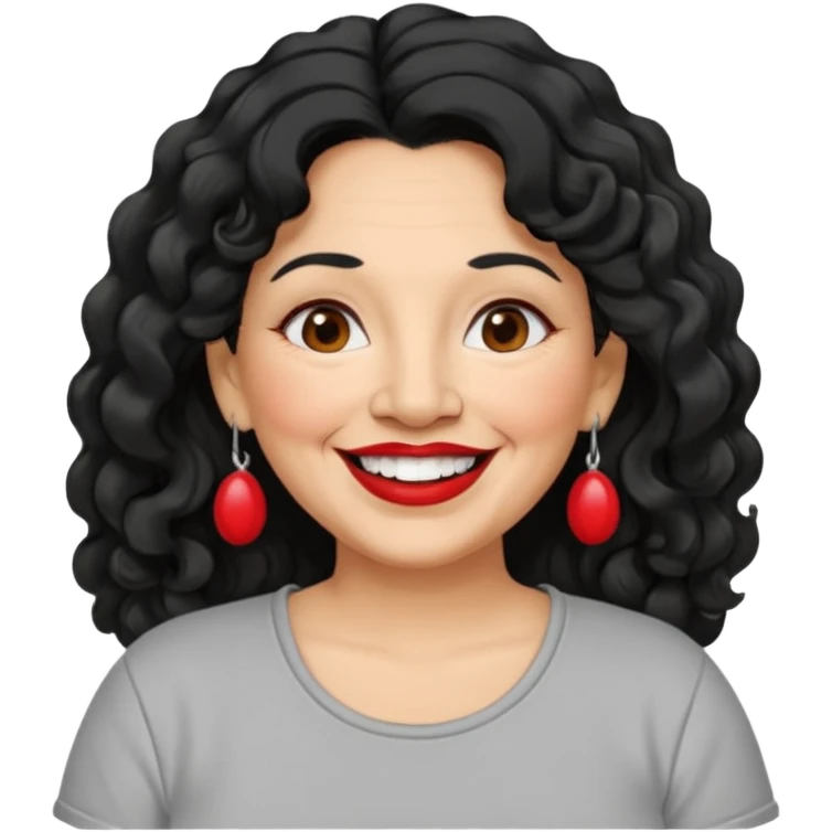 60 yr old Mexican woman, slightly chubby, wavy/curly long black hair, red lipstick, big smile, white teeth, brown eyes, hoop earings, side part to hair, round face, grey t shirt, hair side swept, big hoop earing emoji
