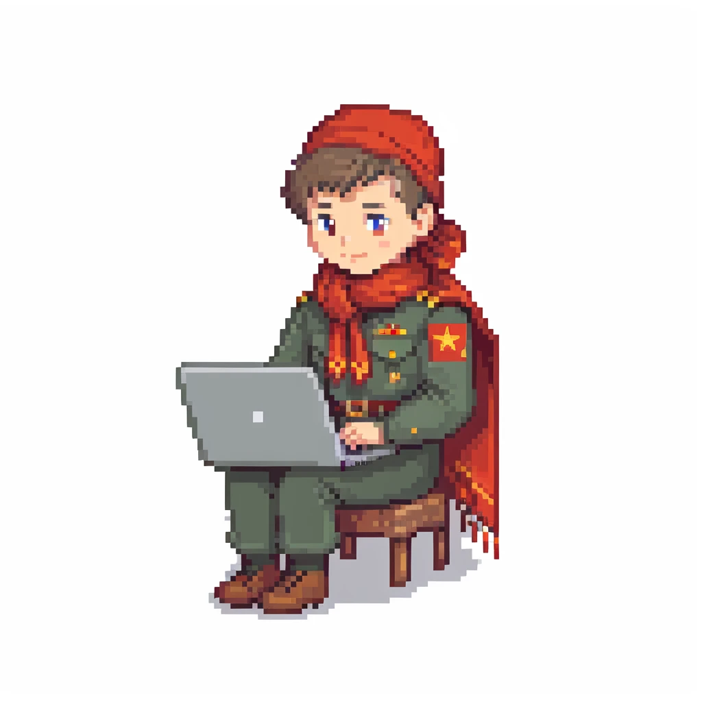 Young Soviet pioneer with red scarf and uniform using a laptop emoji