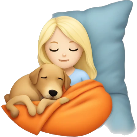 White blonde girl who sleeping peacefully with his orange dog in a bed with pillow and a blanket emoji