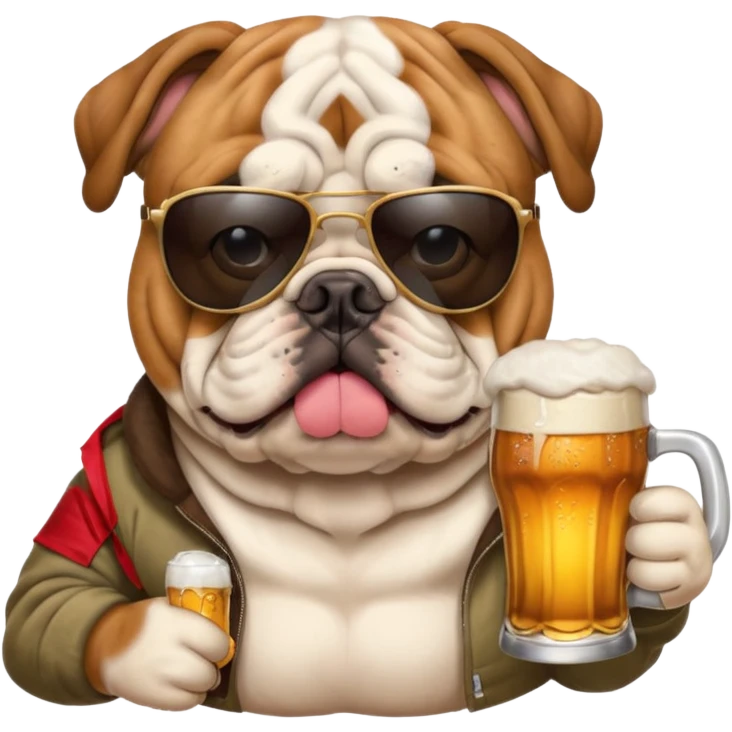English bulldog wearing sunglasses holding a beer emoji