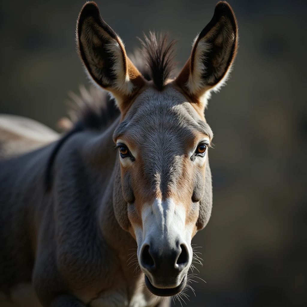realistic mule, close-up of face, ears pinned back in anger, intense eyes, lifelike texture emoji