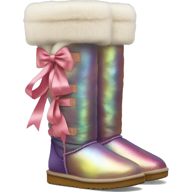 Tall Pair of iridescent fur Ugg boots with silk ribbon bow. emoji