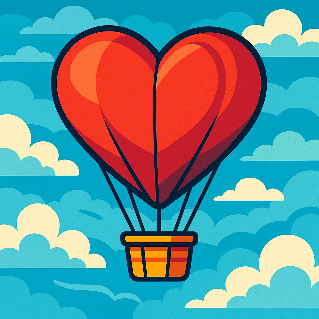 heart-shaped hot air balloon floating in the sky, vibrant toon style emoji