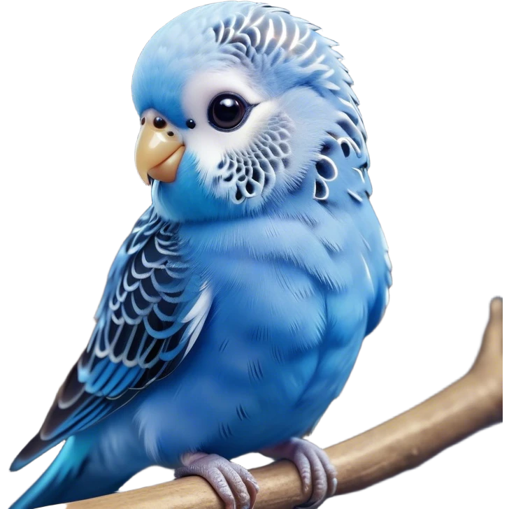Cinematic Cute Blue Budgie Portrait Emoji, Head tilted playfully and inquisitively, featuring a brilliant blue feathered fur with a natural sheen, round, sparkling dark eyes filled with curiosity, Simplified yet irresistibly adorable features, highly detailed, glowing with a warm, friendly glow, high shine, affectionate and lively, stylized with a touch of whimsy, bright and endearing, soft glowing outline, capturing the essence of a mischievous yet loving budgie, so playful it feels like it could chirp out of the screen and into your arms! emoji