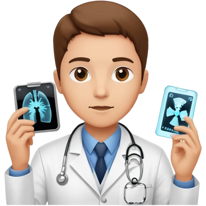 A medical professional in a white lab coat examining an X-ray film, wearing a radiation badge emoji