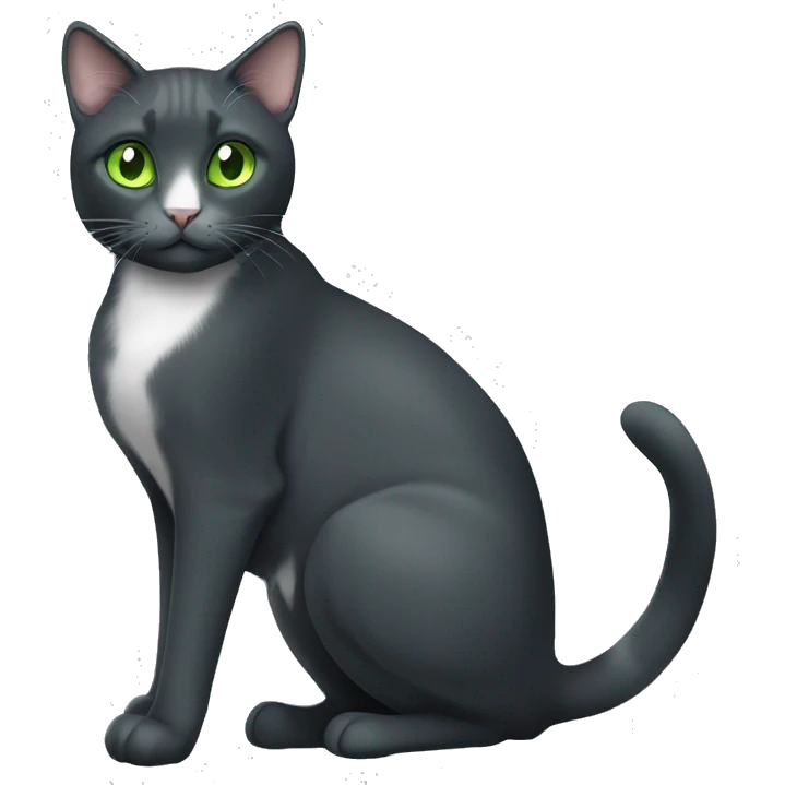 Friendly dark grey tuxedo cat with light green eyes emoji