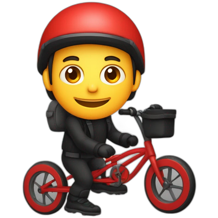 Jeune homme en tenue rouge sur un vélo noir vélo avec un sac tout rouge cubique, carré emoji