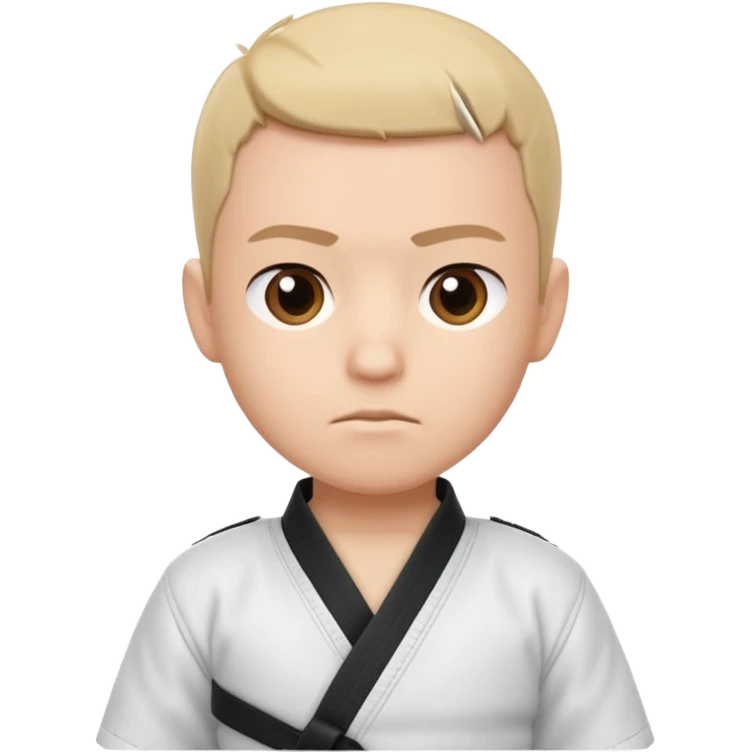 cute martial arts coach portrait, head and shoulders only, gi uniform collar, black belt detail, serious but friendly face, 3D cartoon, mobile game icon style, clean background, no text, no watermark
 emoji