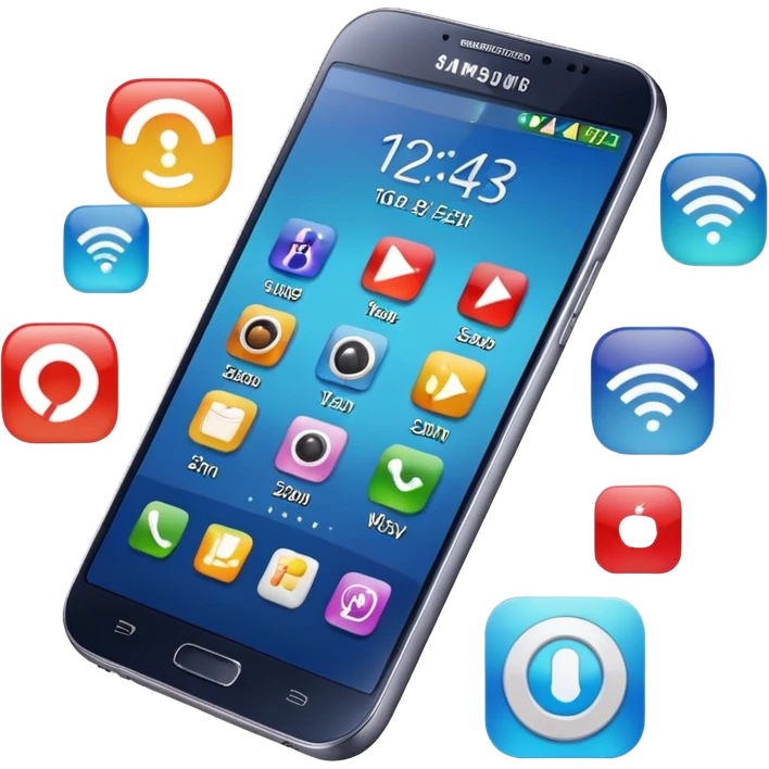 Samsung Galaxy phone with app icons, time, Wi-Fi emoji
