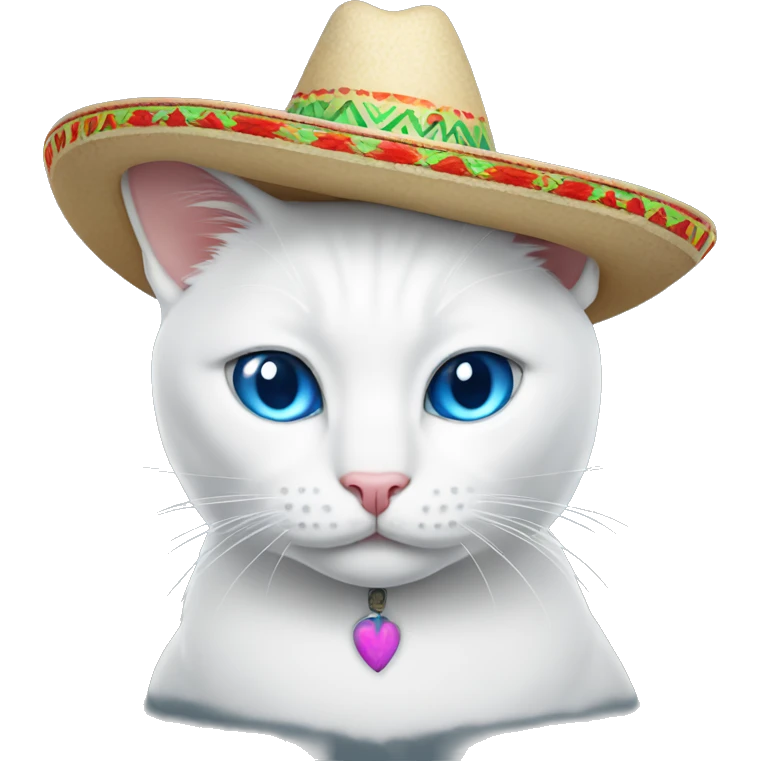 White cat blue eyes wearing Mexican sombrero one ear showing emoji