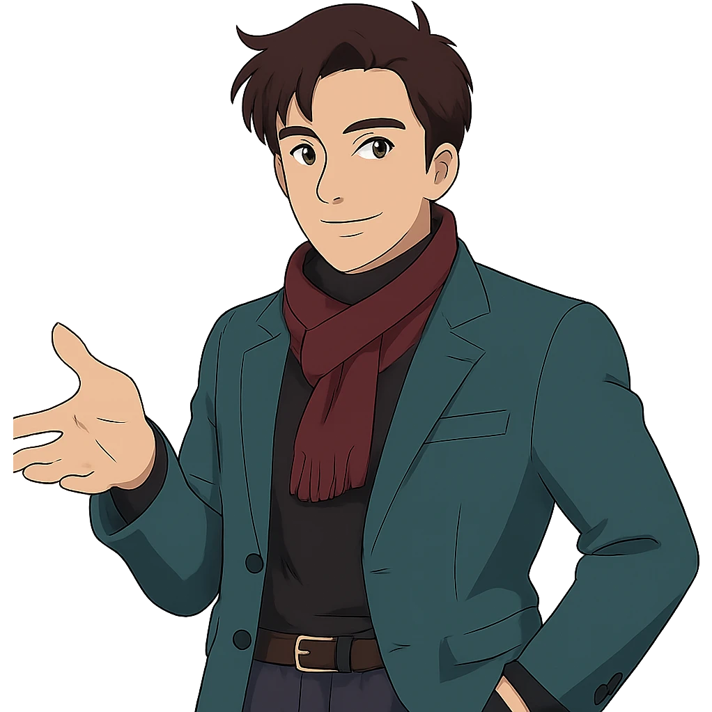 Dress the man in a more stylish, fashionable outfit in Ghibli style, with no background. emoji