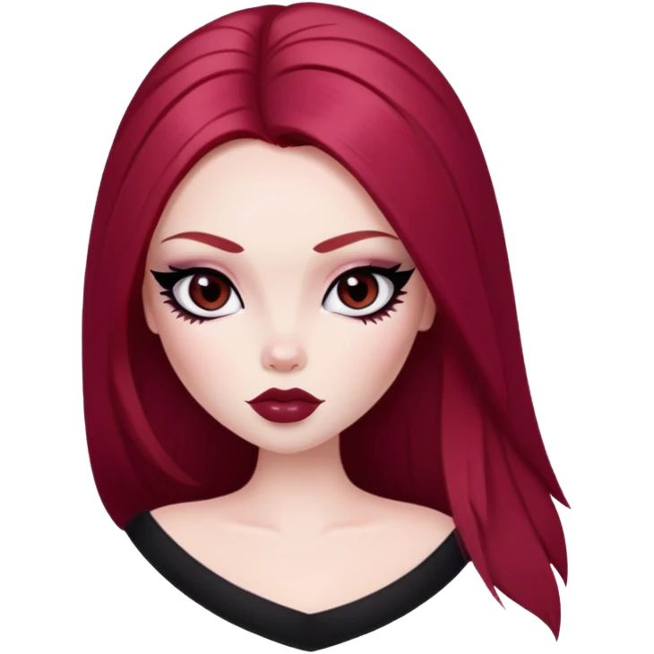 straight long wine red hair, pale skin, dark black eyes, pretty bratz baddie, black eyeliner, blush emoji