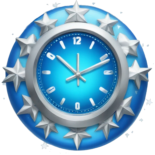 a sparkly blue clock with silver stars on it emoji