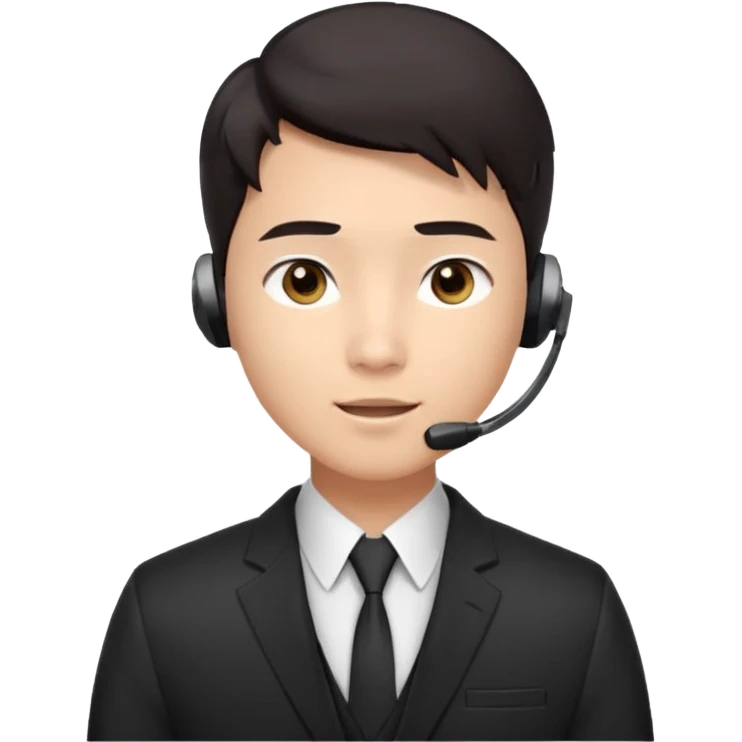 A young Asian man with smooth light skin, dark hair that swoops upward in the front, expressive eyes, a clean-shaven face, and a call-center style headset over one ear, usually paired with a crisp shirt and suit jacket visible from the chest up. emoji