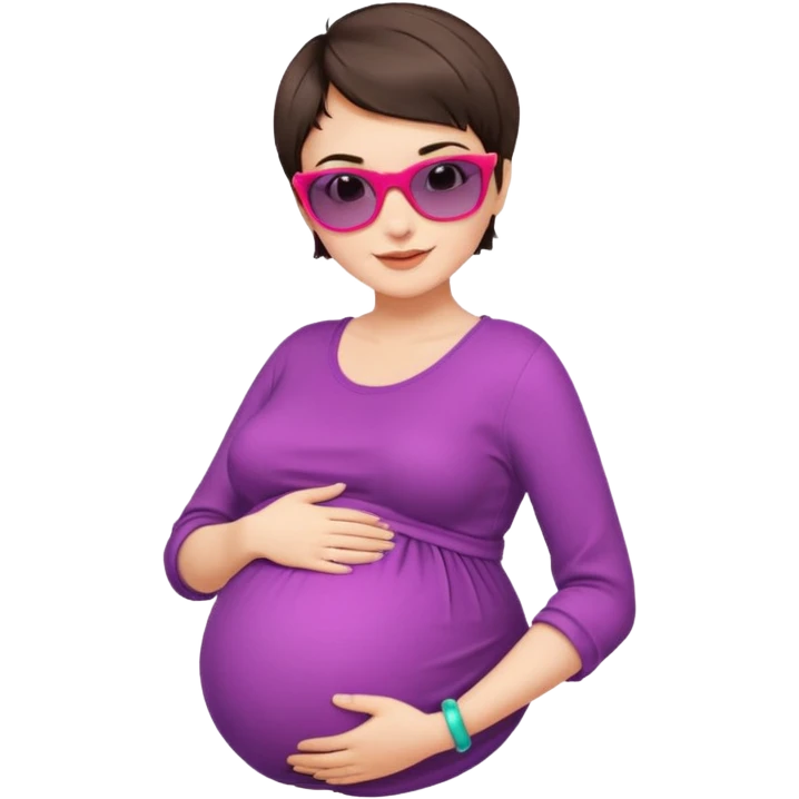 pregnant stylish woman with short pixie brunette hair happily touching her big belly while wearing fashionable clothes and colorful shades emoji
