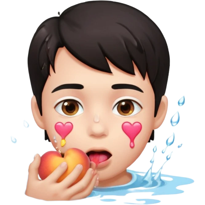 Cute boy, light pink eyes, grown out dark hair, eating a peach, pink hearts floating , water dripping from mouth emoji