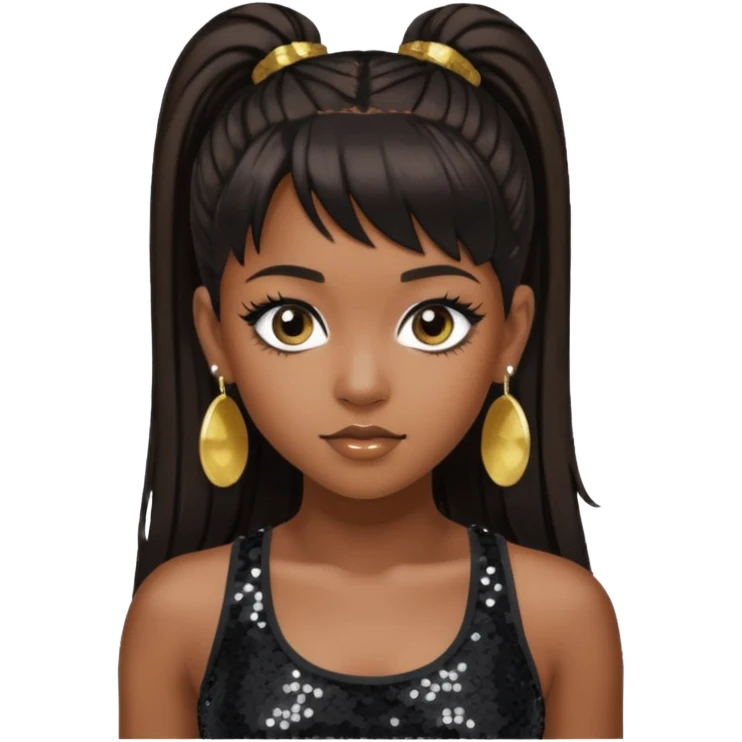 Left Eye from TLC with long dark brown ponytail hair, black sequin crop top, black earring emoji