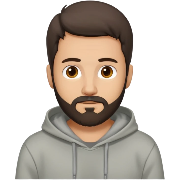 Uomo adulto con la barba capello moro occhi marroni metà busto e vestito con una felpa grigia e maglietta bianca emoji