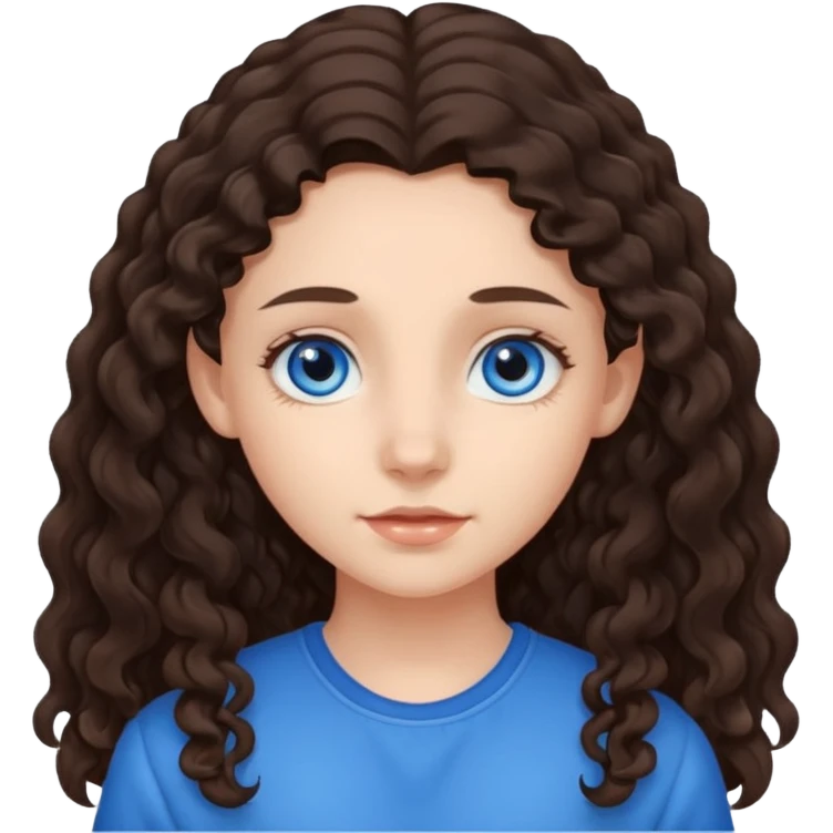 a girl with long dark brown slightly curly hair that starts at the level of her ears, and blue eyes emoji