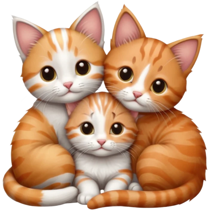3 tiny kittens cuddling together all different colours, the first one is grey and white, the second is ginger and white and the third is brown tabby and white emoji