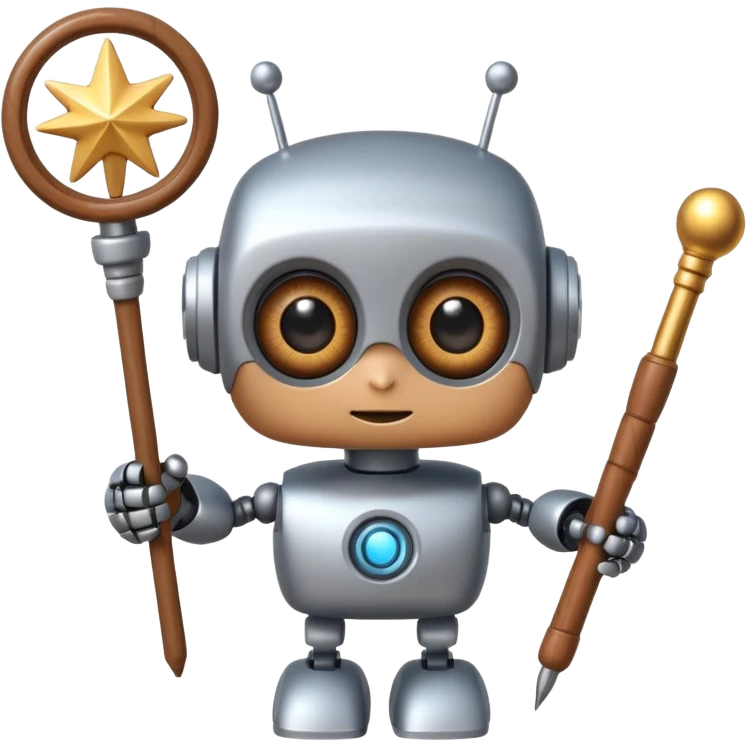 A cute robot is holding a magic wand emoji