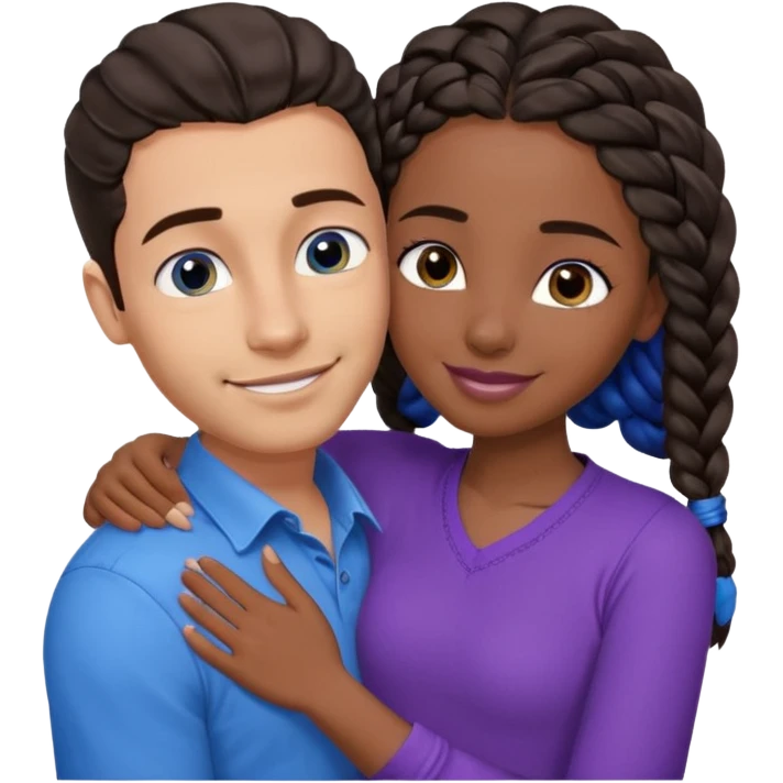 Boyfriend who is middle Eastern olive skinned with blue eyes and wavy straight brown hair in a blue shirt and his African girlfriend who is very black skinned, juicy lipped with black braided hair and the two are hugging and smiling hugely she’s wearing purple and she has black eyes emoji