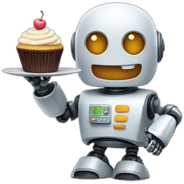 A happy robot holding a plate with a cupcake on it emoji