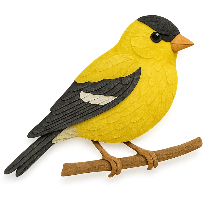 American Goldfinch sitting on a branch, delicate paper layers, realistic feather patterns, subtle color variations emoji