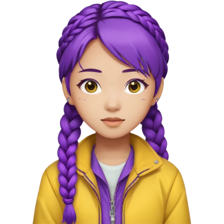 kpop hunters Rumi purple hair asian, yellow jacket and hair one large braid emoji