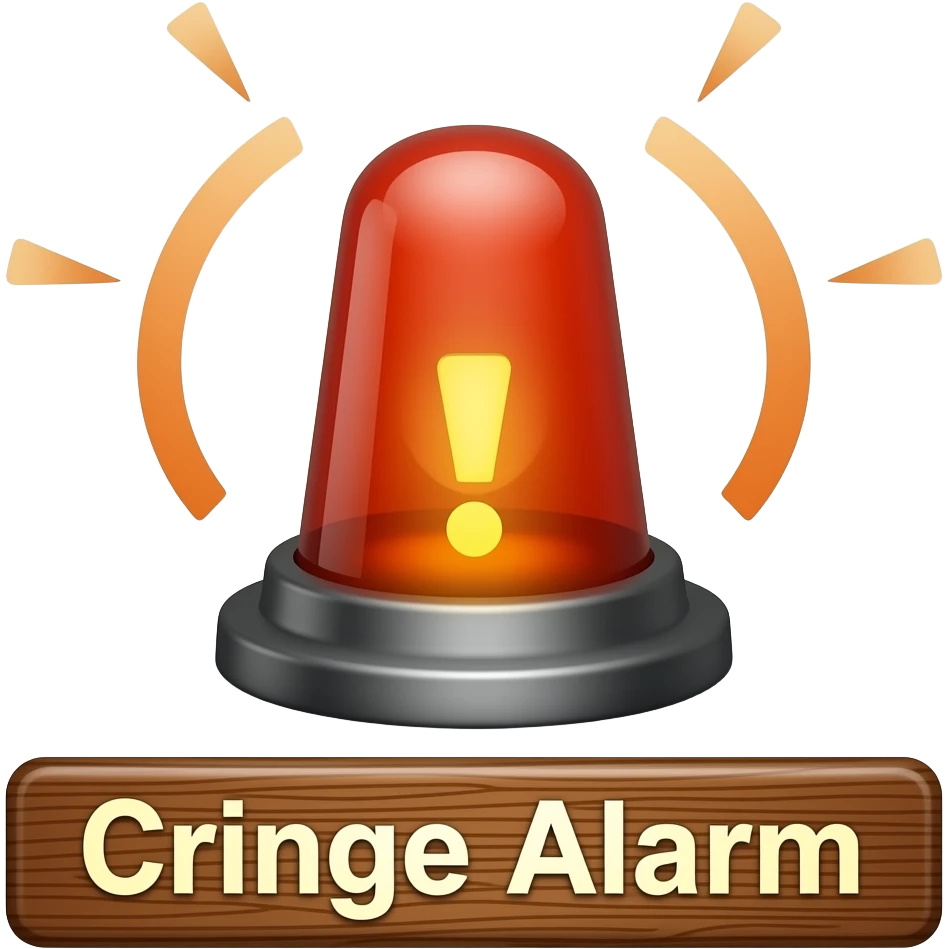 A blaring alarm with visual sound effects, a label below it with text "Cringe Alarm", filled background emoji