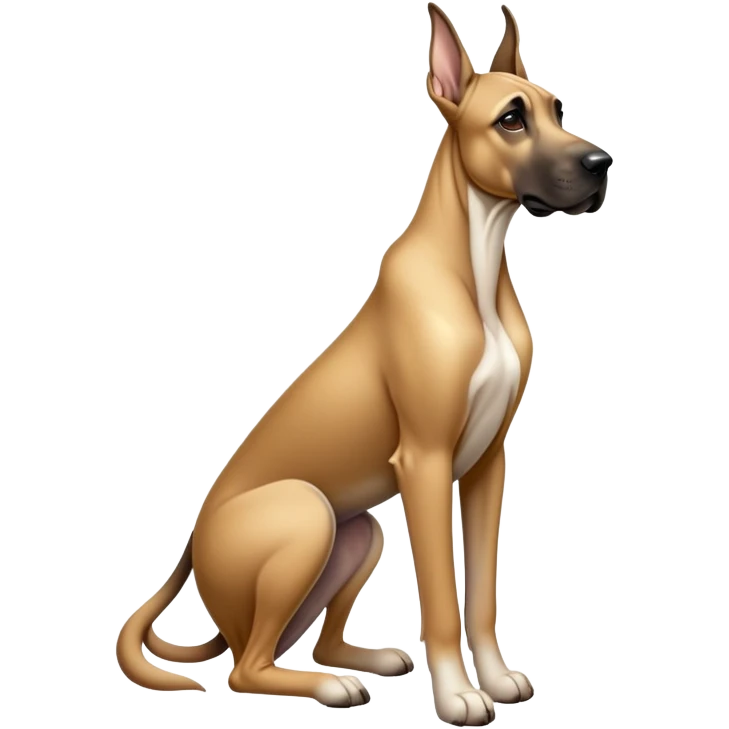 cinematic-[fawn great dane]-realistic-full-body-sitting-emoji,-tail-resting-loosely-beside-its-paws,-head-tilted-dramatically, ears down-sleek-[fawn]-fur,-simplified-yet-realistic-focused-features,-highly-detailed,-glowing-with-an-almost-sarcastic-glow emoji