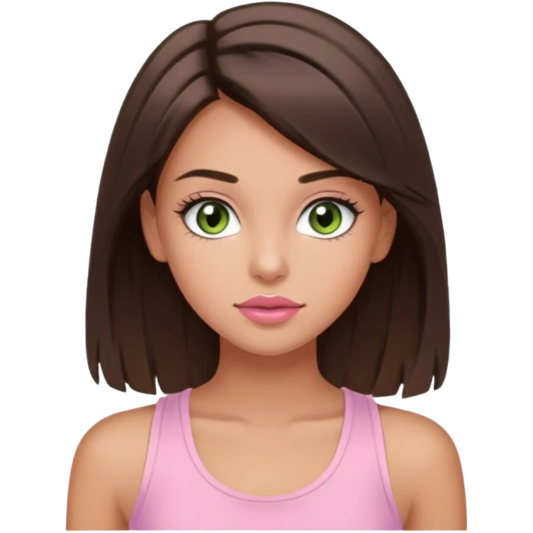 Create a teen girl wearing a light pink tank top. She will have brunette hair, tan skin, pink lips, and grey-green eyes. She has long eyelashes. emoji