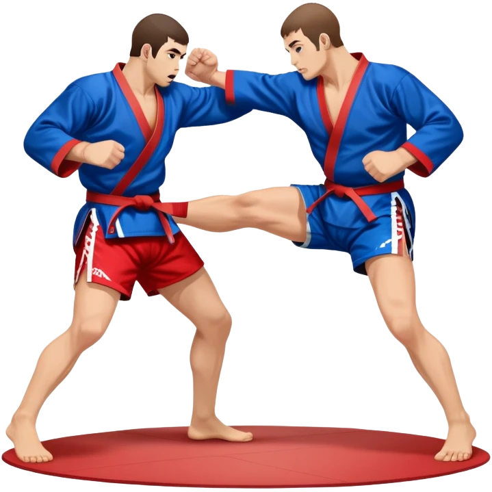 Two Sambo fighters in blue and red kimonos, with shorts and wrestling shoes, performing grappling and throwing techniques. The background shows a wrestling mat and an intense, focused atmosphere. Transparent background highlights the fluidity and skill of the sport without strikes. emoji