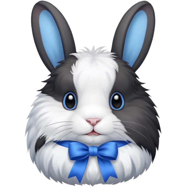 a white and black realistic domestic rabbit with a blue ribbon on its neck emoji