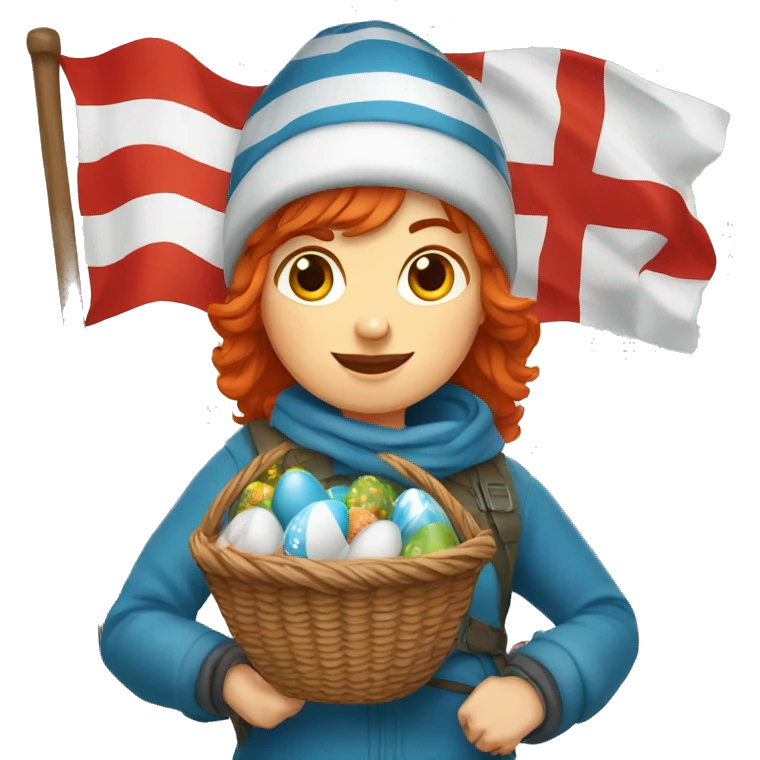 red hair female winter mountaineer offering red Easter basket and Greek flag emoji