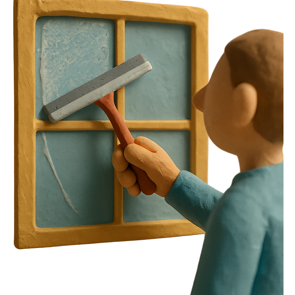 claymation style window being cleaned, visible fingerprints, pastel colors, squeegee emoji