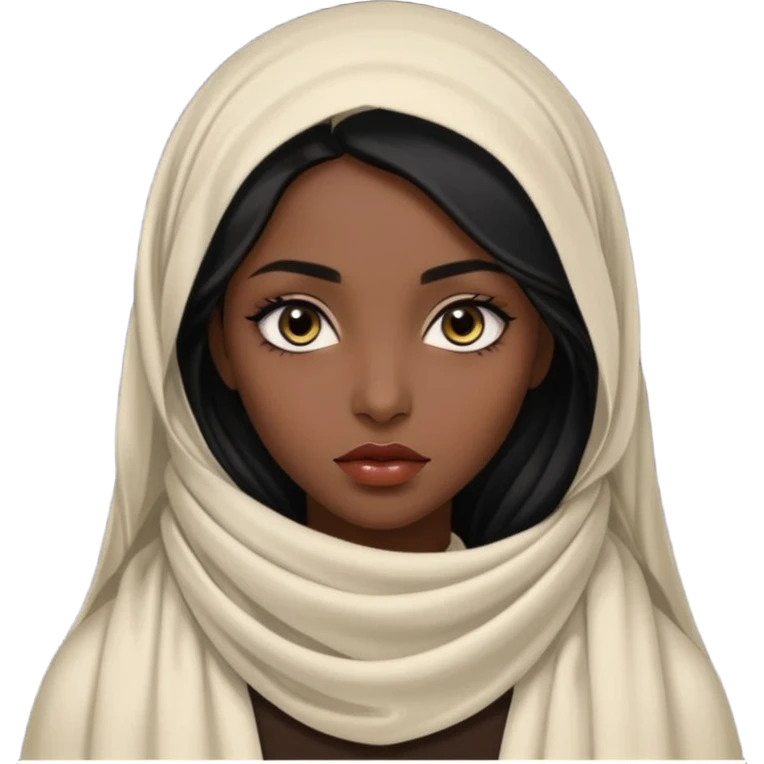 Apariencia: Mujer joven, morena, de gran belleza y porte misterioso.
-Rostro: Ojos grandes y negros, mirada intensa y fija; labios marcados.
-Cabello: Negro, largo y brillante, suele ir cubierto parcialmente por un velo o pañuelo oriental. emoji