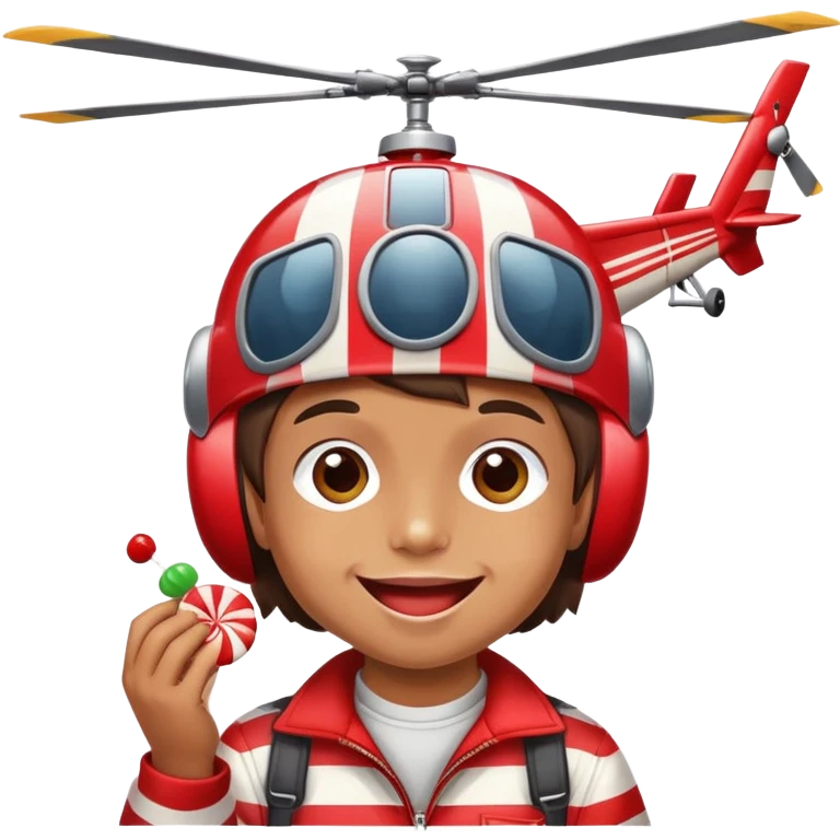 happy kid with helicopter hat eating a candy emoji