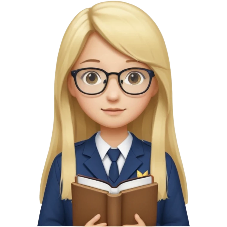Girl student wearing uniform, glasses, hold book in front of their chest, blonde long straight hair, white skin emoji