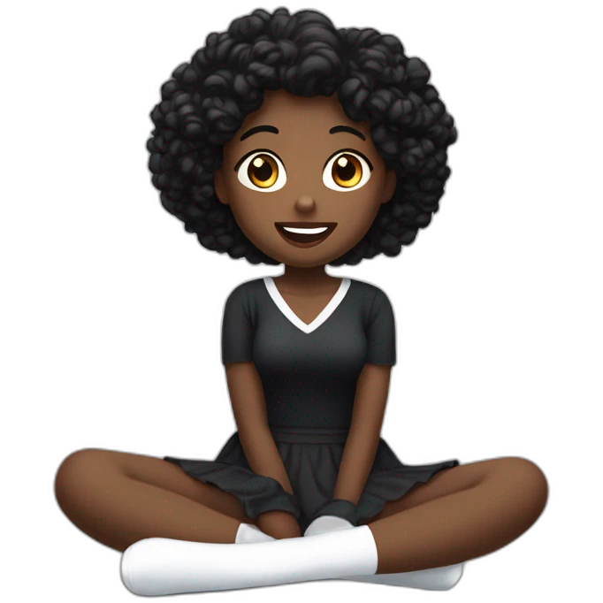 Front view curvy beauty sitting straight hands up black skirt white knickers white socks emoji